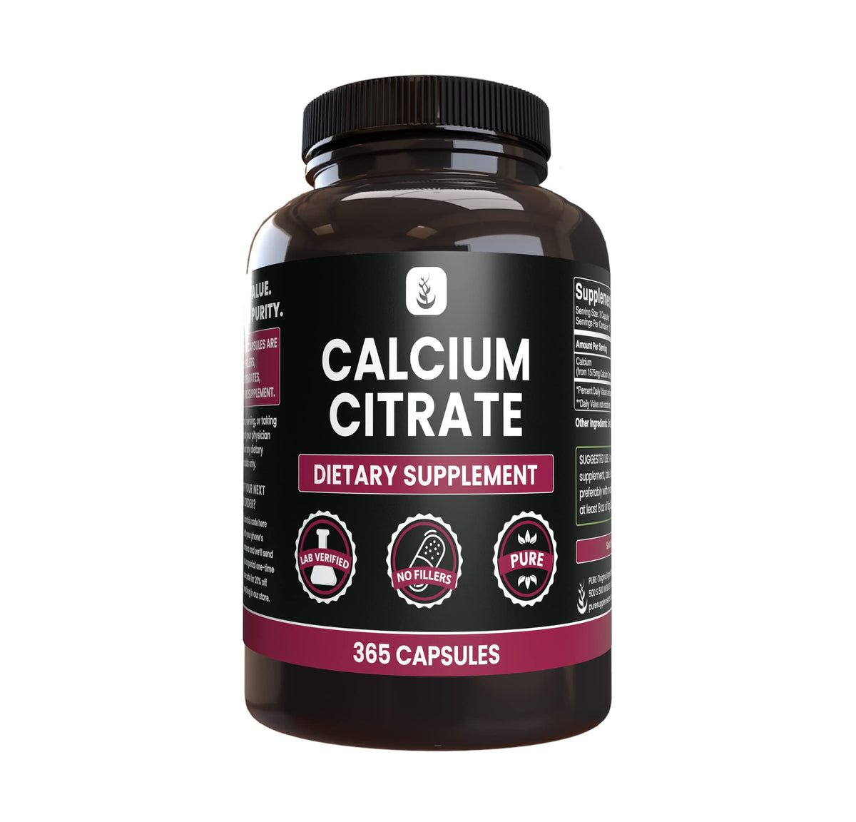 Pure Original Ingredients Calcium Citrate capsules front view, pure formula for daily calcium support