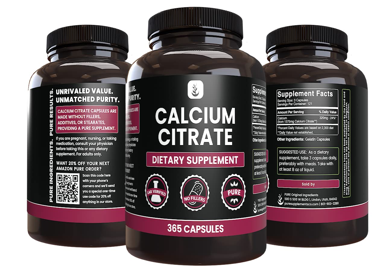 Pure Original Calcium Citrate label detail underlines no magnesium or fillers