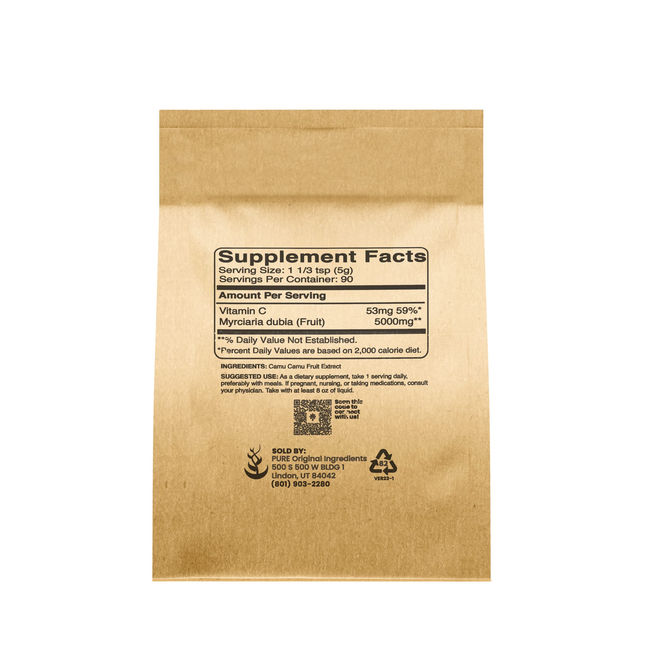 Pure Original Ingredients Camu Camu powder packaging on shelf, lab-verified quality.