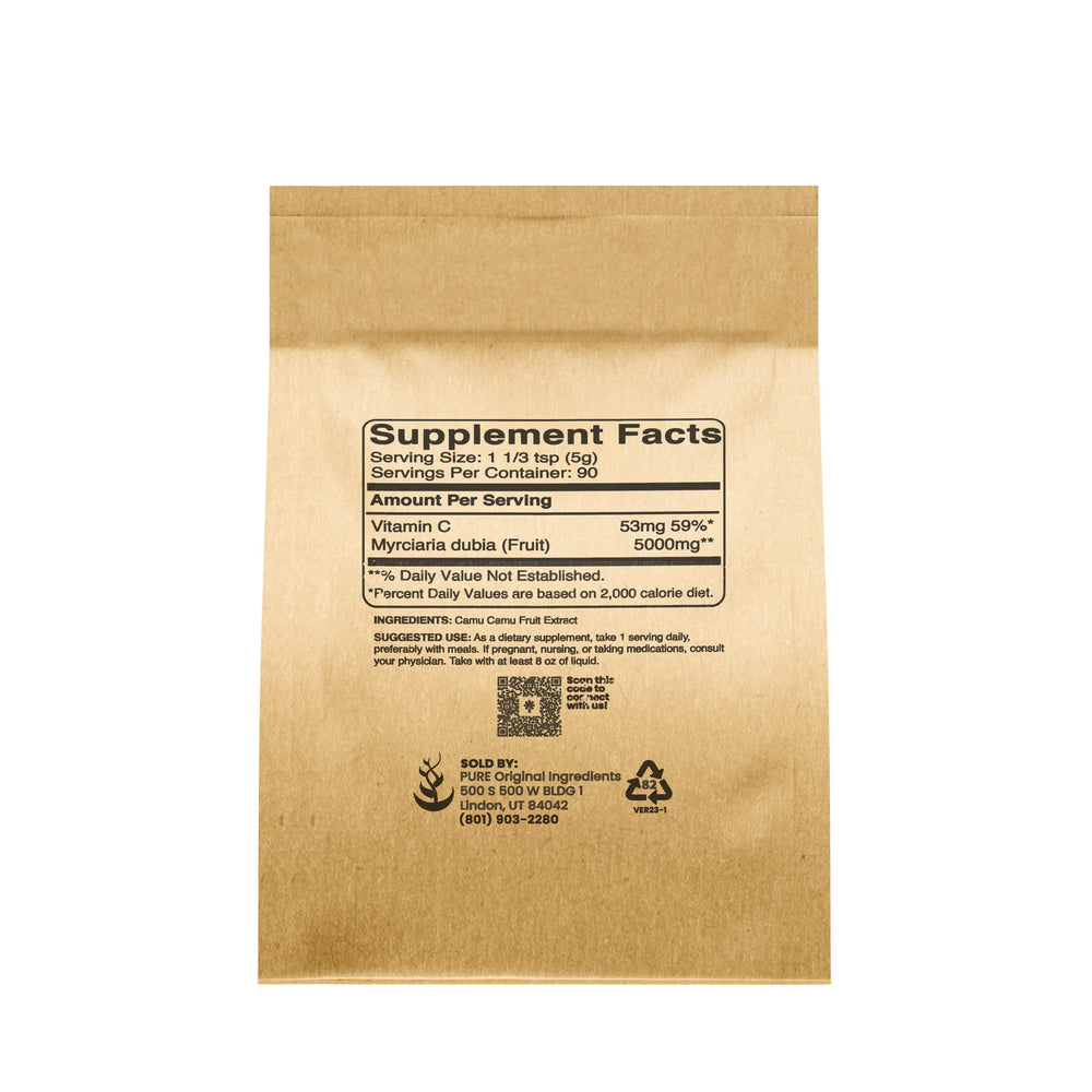 Pure Original Ingredients Camu Camu powder packaging on shelf, lab-verified quality.
