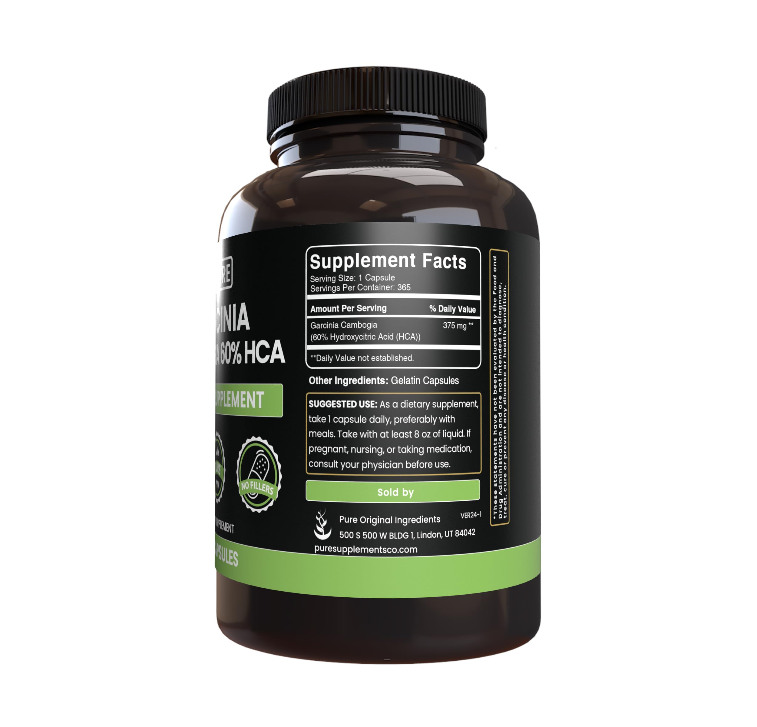 Pure Original Ingredients Garcinia Cambogia capsules close-up highlighting purity.