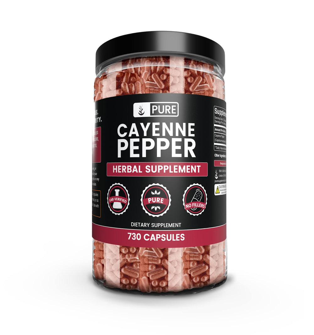 Pure Original Ingredients cayenne pepper bottle with pure capsules for daily wellness.