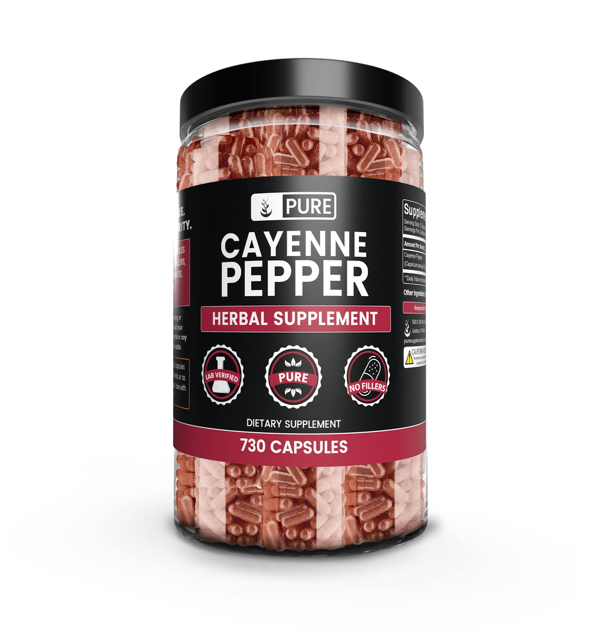 Pure Original Ingredients cayenne pepper bottle with pure capsules for daily wellness.