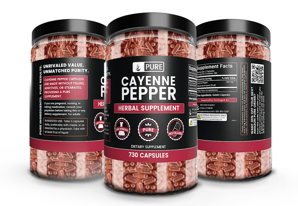 Close-up of the Pure Original Ingredients cayenne label emphasizing purity and no fillers.
