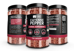 Close-up of the Pure Original Ingredients cayenne label emphasizing purity and no fillers.