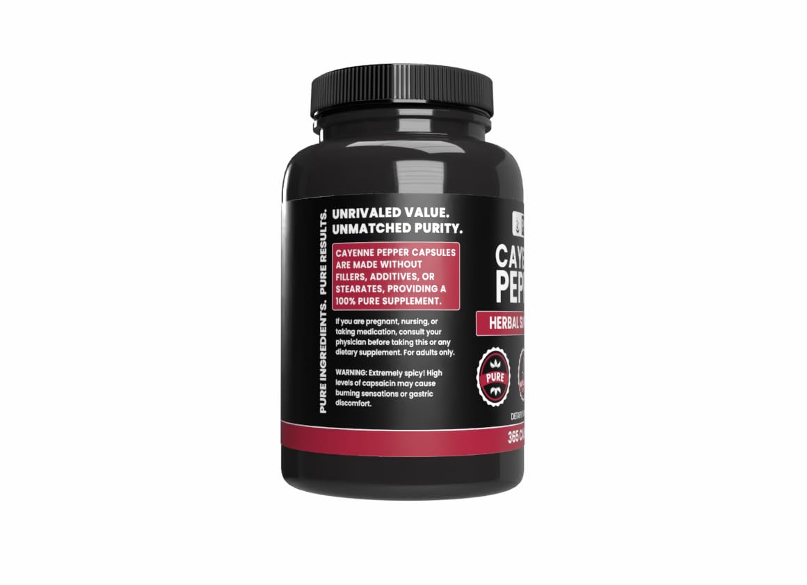 Pure Original Ingredients Cayenne Pepper Capsules close-up emphasizing natural flavonoids.