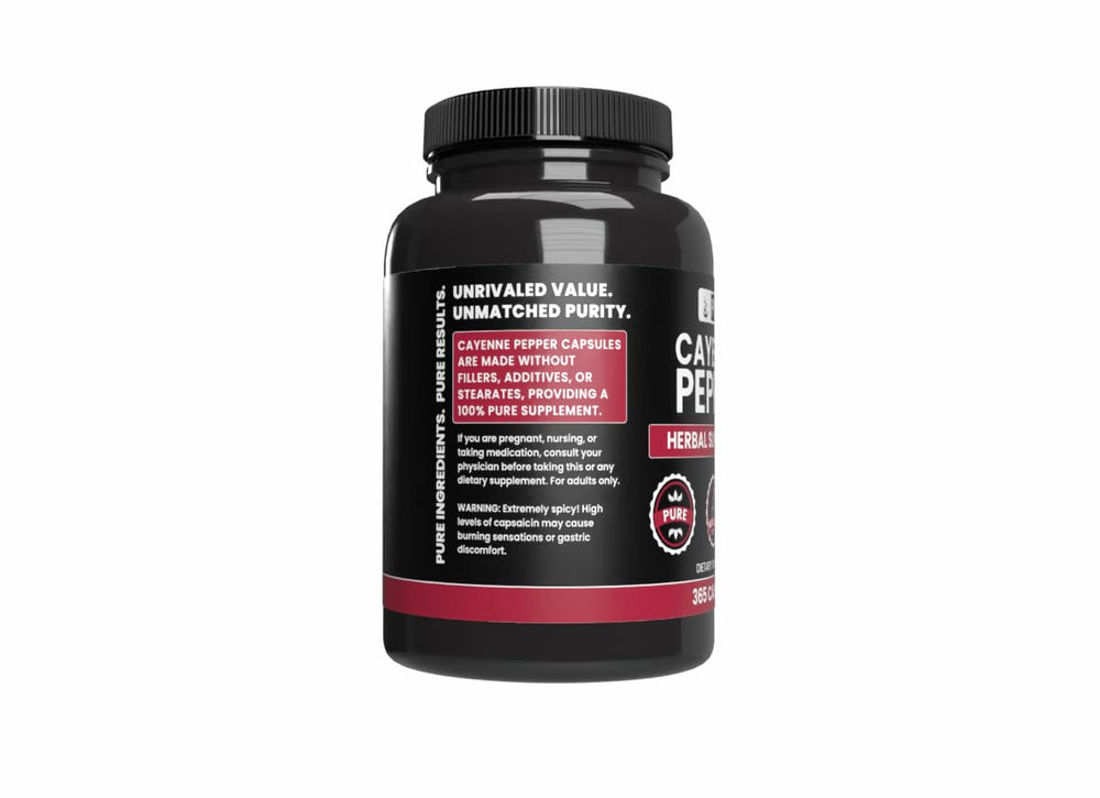 Pure Original Ingredients Cayenne Pepper Capsules close-up emphasizing natural flavonoids.