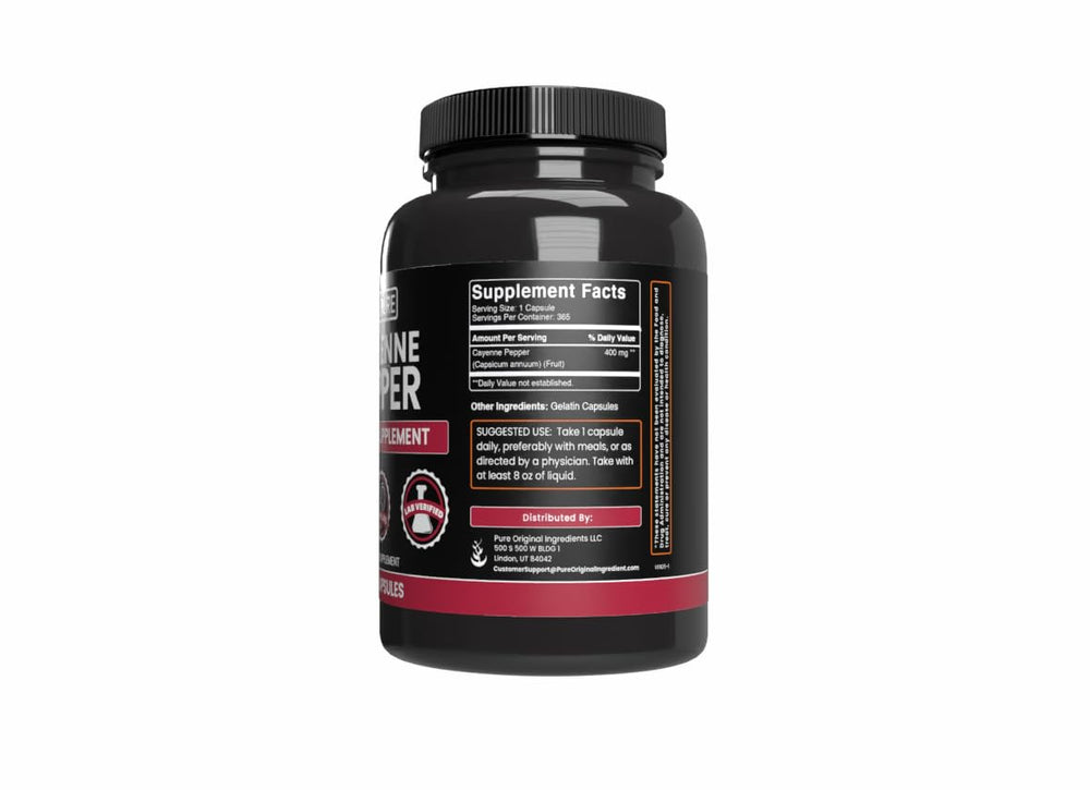 Pure Original Ingredients Cayenne Pepper Capsules packaging highlights no additives.