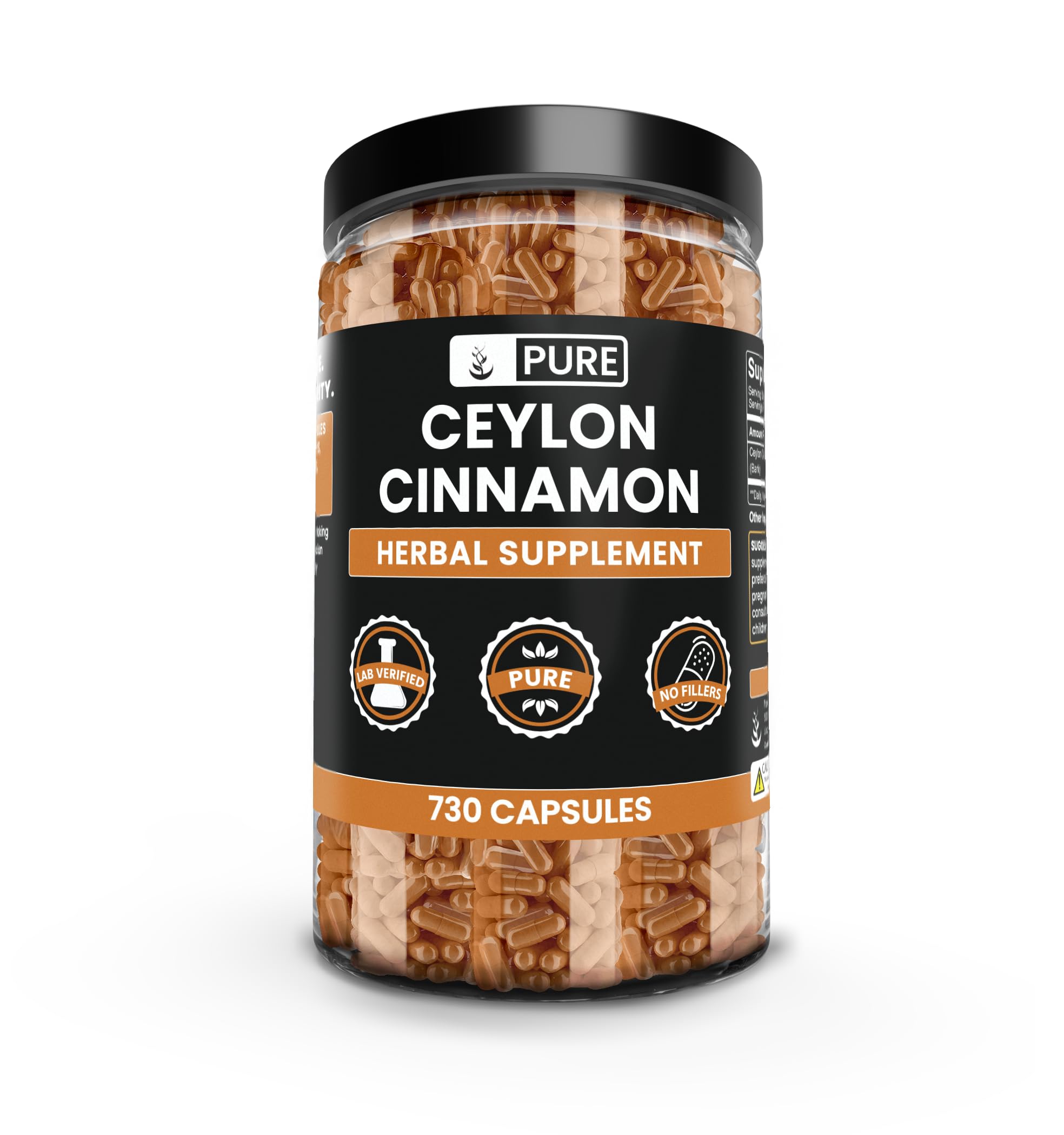 PURE ORIGINAL INGREDIENTS Ceylon Cinnamon capsules in bottle highlight pure, single-ingredient formula.