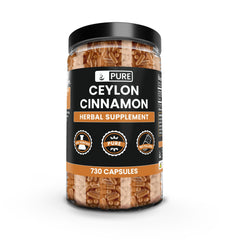 PURE ORIGINAL INGREDIENTS Ceylon Cinnamon capsules in bottle highlight pure, single-ingredient formula.