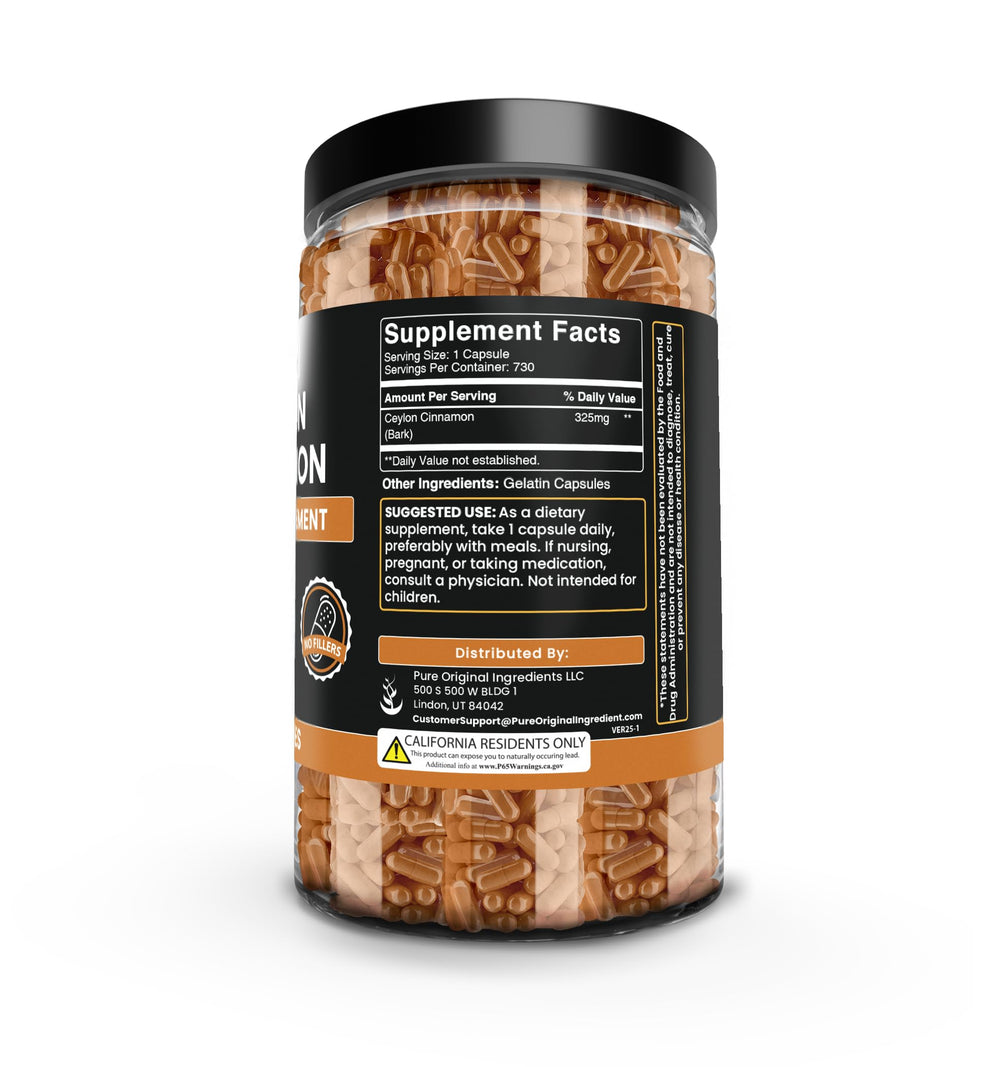 PURE ORIGINAL INGREDIENTS Ceylon Cinnamon packaging Utah showcases quality and responsible sourcing.