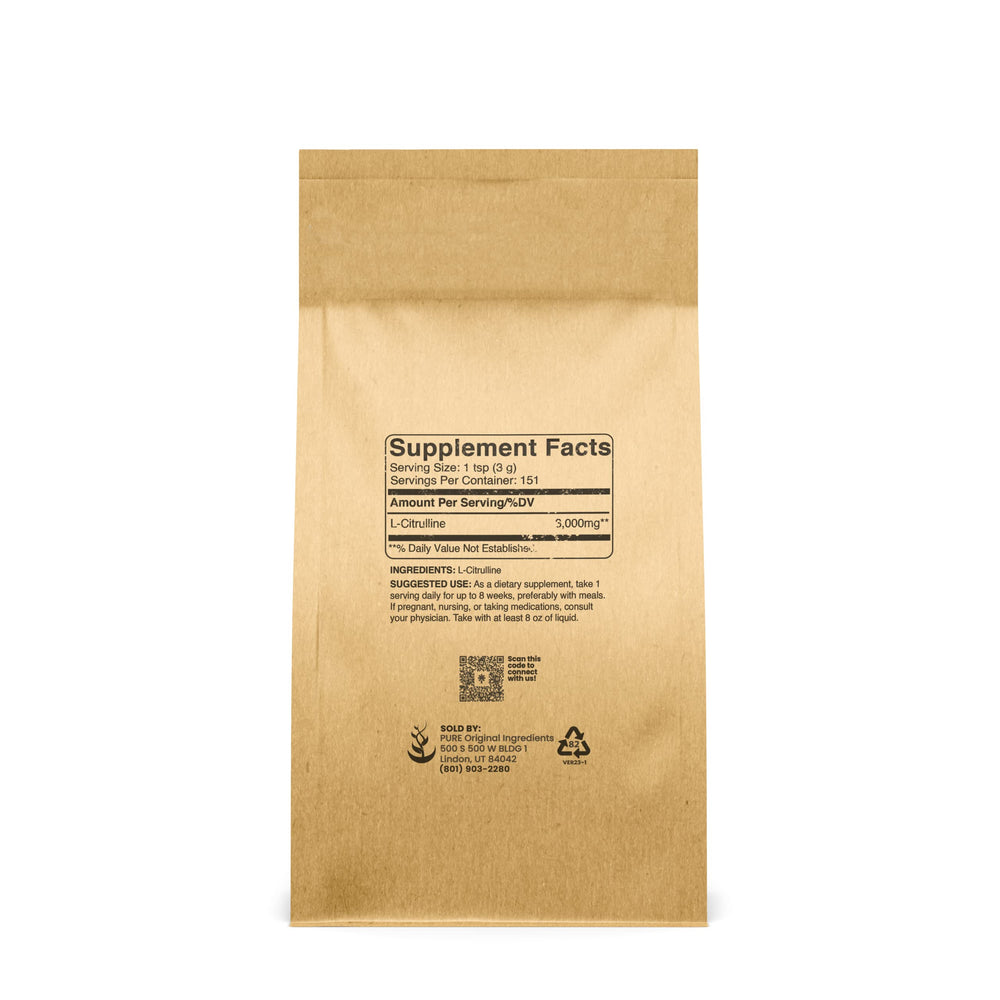 Pure Original L-Citrulline powder with measuring spoon for precise dosing during workouts.