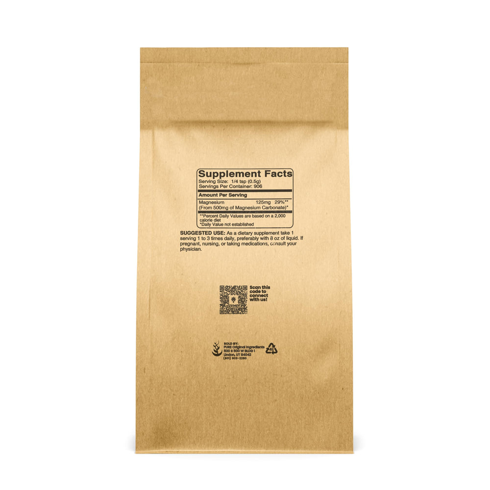 Pure Original Ingredients Magnesium Carbonate powder with a scoop enables precise DIY mixing.