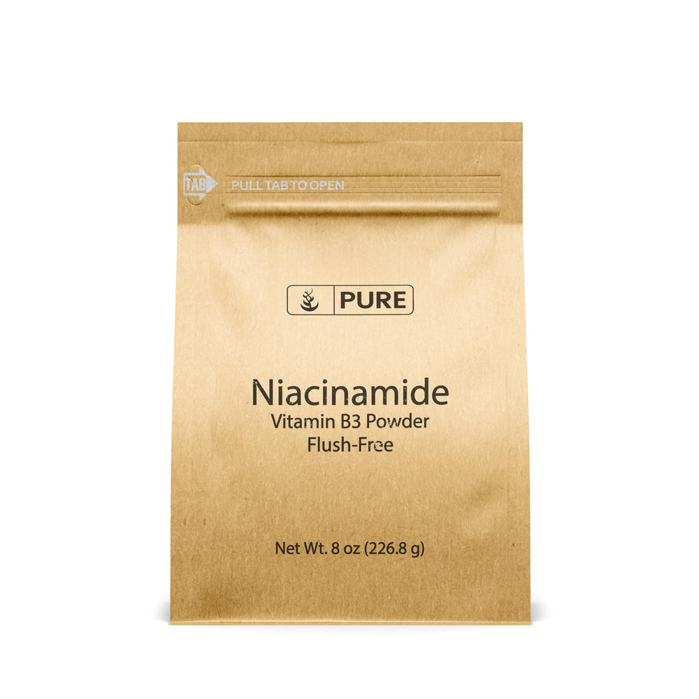 PURE ORIGINAL INGREDIENTS Niacinamide powder bottle shows pure vitamin B3 for daily use.