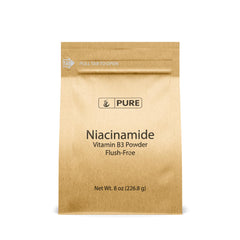 PURE ORIGINAL INGREDIENTS Niacinamide powder bottle shows pure vitamin B3 for daily use.
