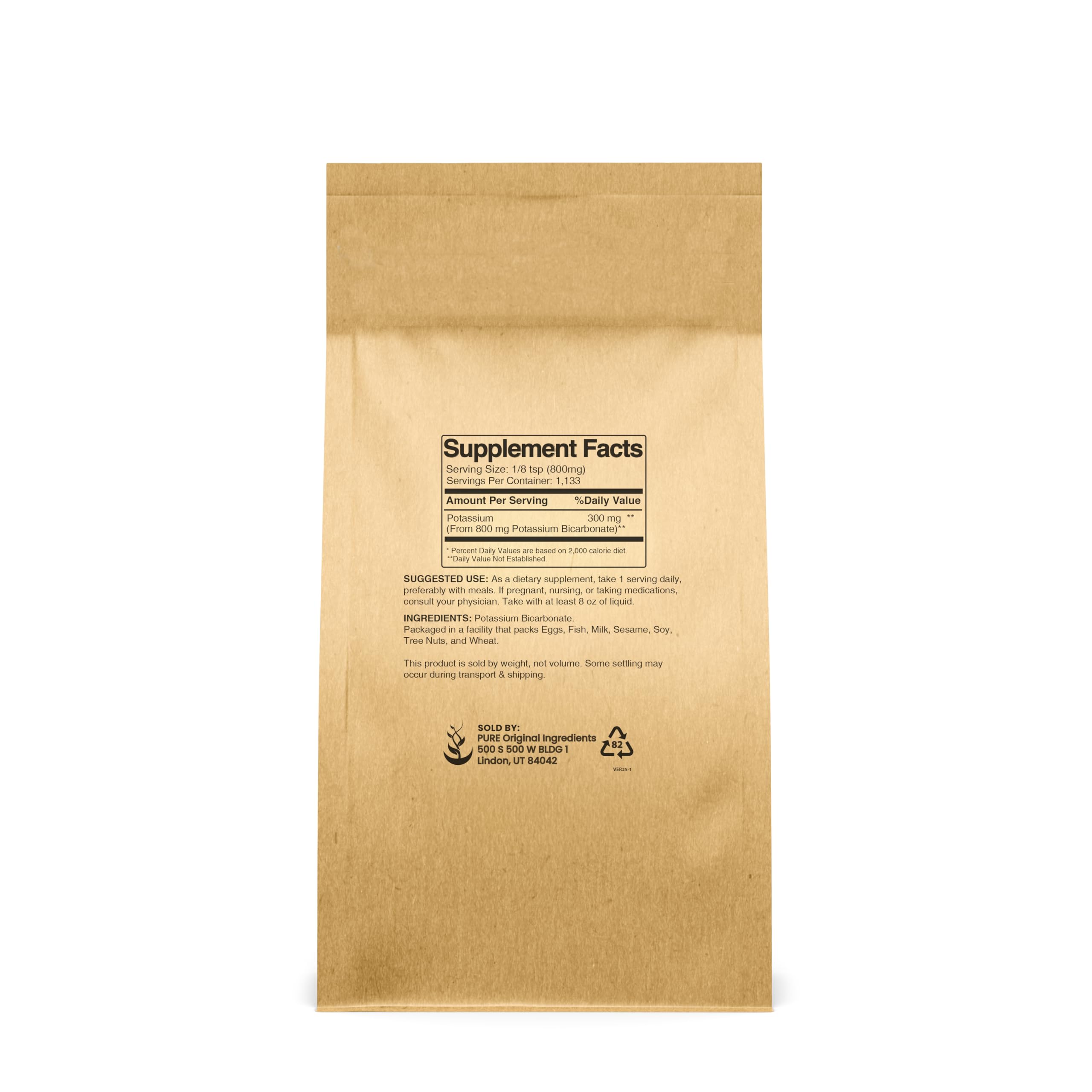 Pure Original Ingredients potassium bicarbonate powder label close-up shows additive-free electrolyte source.