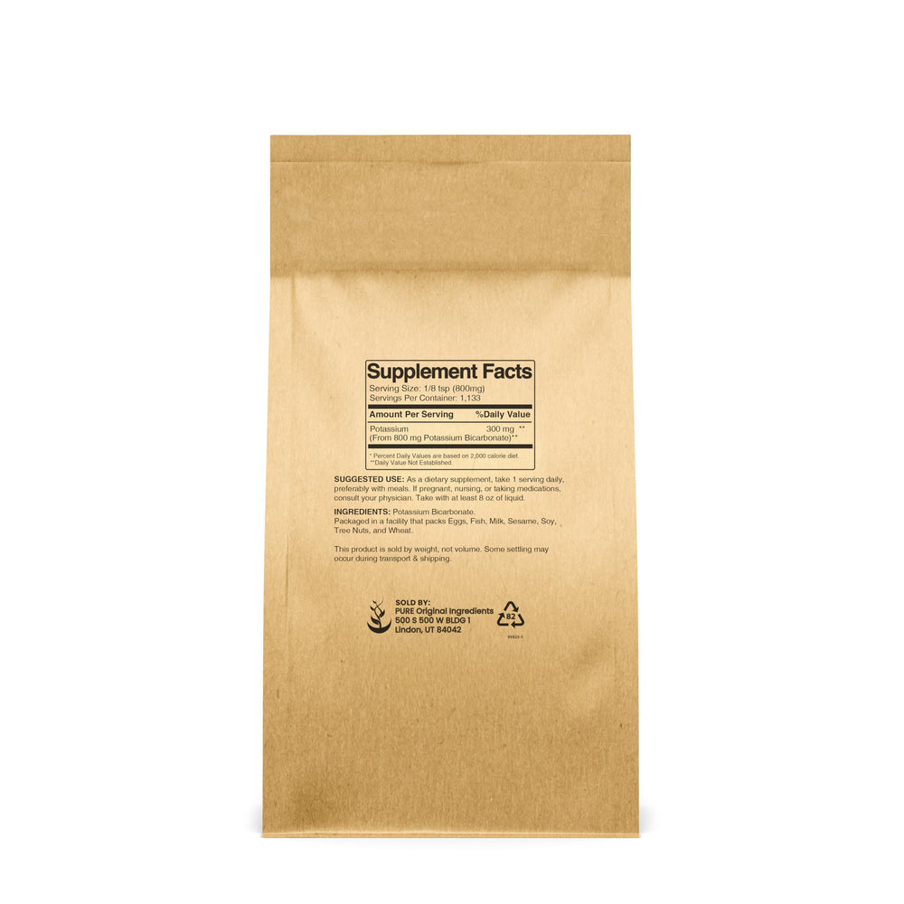 Pure Original Ingredients potassium bicarbonate powder label close-up shows additive-free electrolyte source.