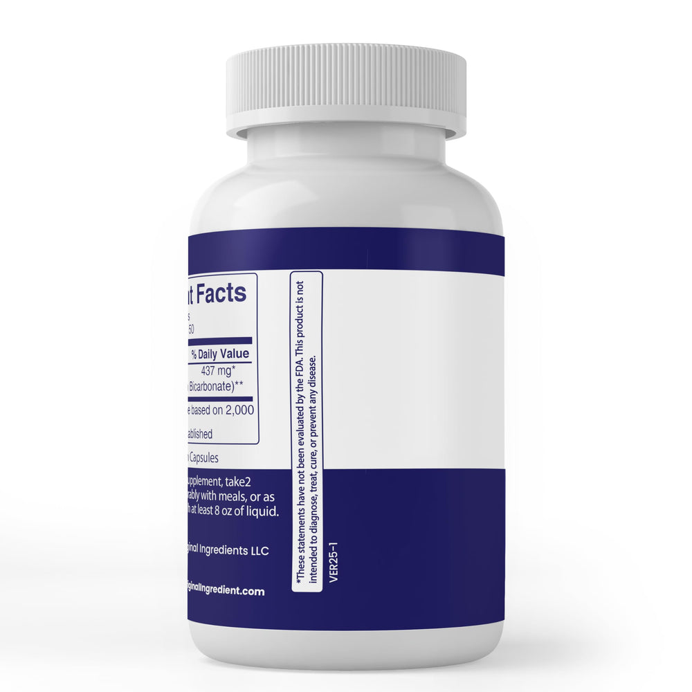 Sodium bicarbonate capsules closeup highlighting additive-free formula for everyday use.