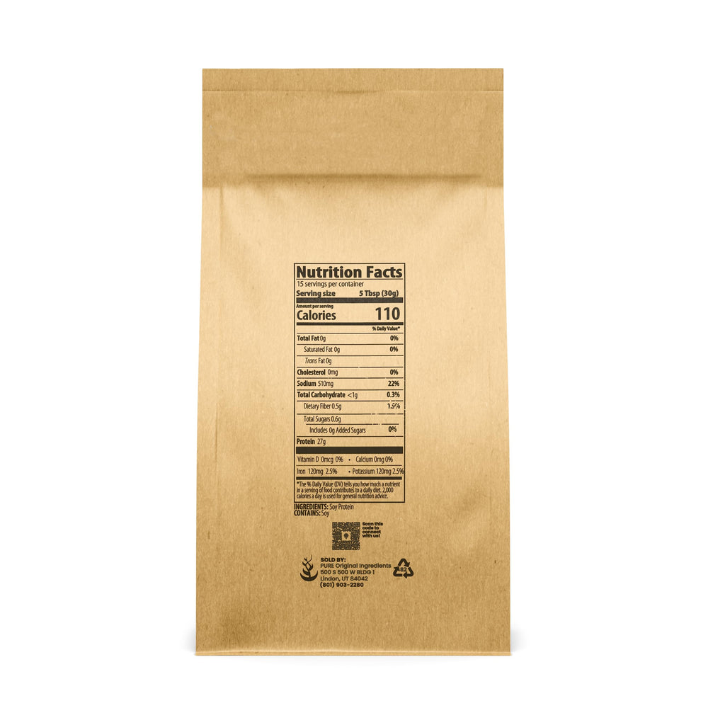 Pure Original Ingredients Soy Protein Isolate resealable bag keeps powder fresh.