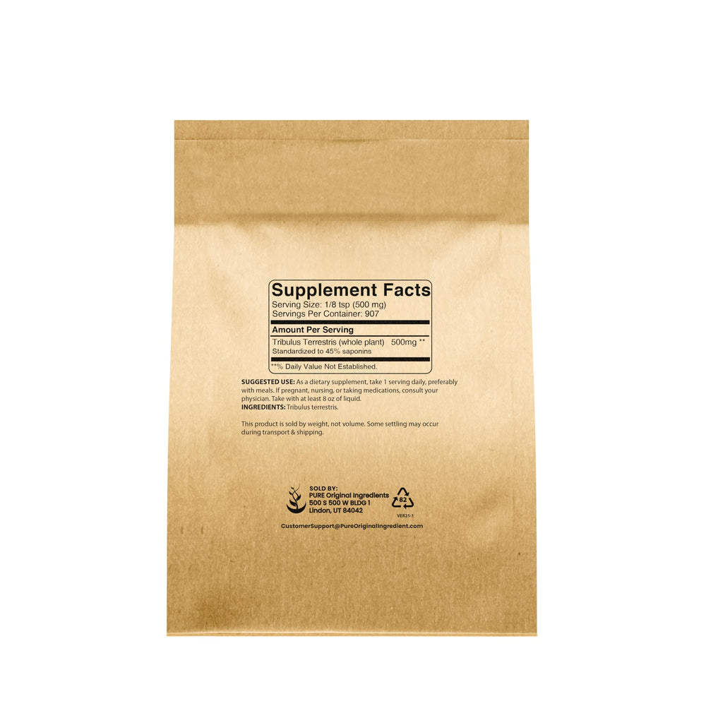 Pure Original Ingredients Tribulus Terrestris powder pour, easy mixing for beverages.