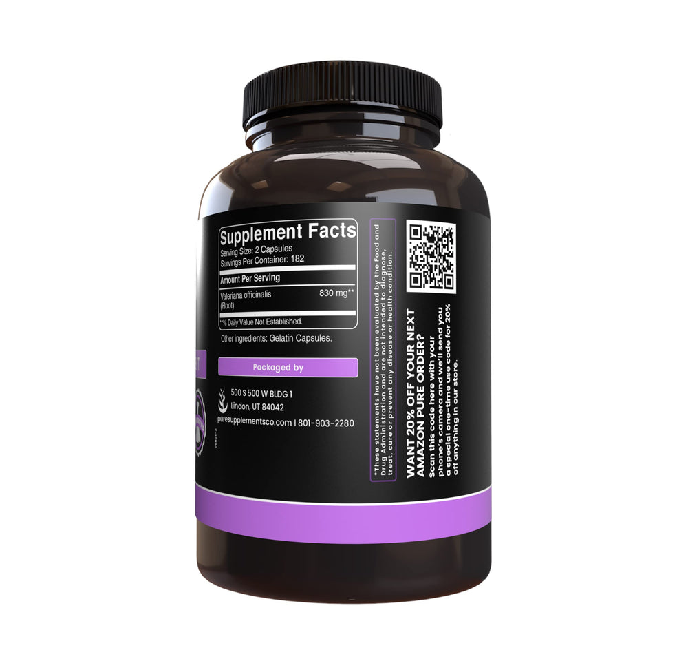 Pure Original Ingredients Valerian Root capsules label closeup highlights single-ingredient formula.