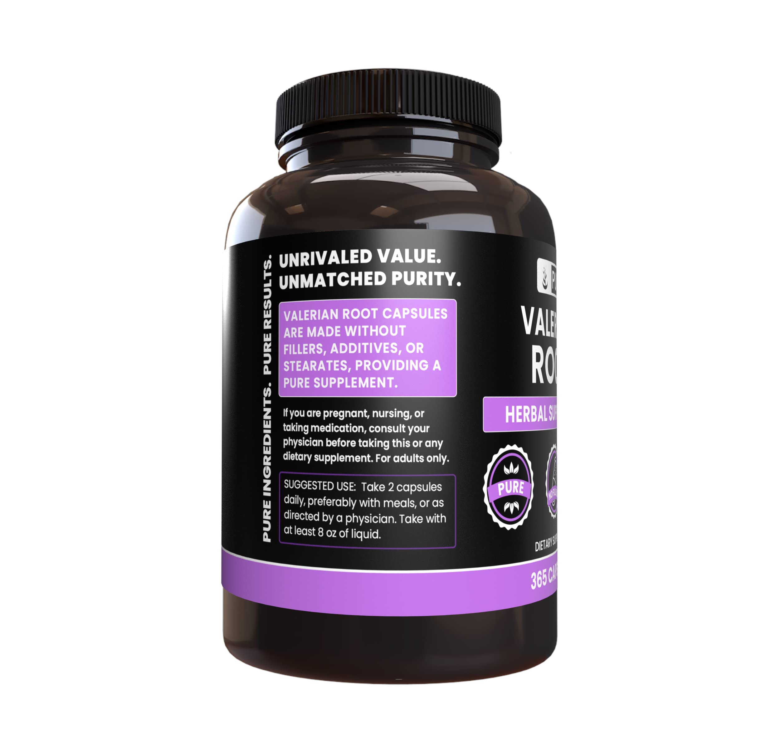 Pure Original Ingredients Valerian Root capsules packaging from Utah-USA emphasizing purity.