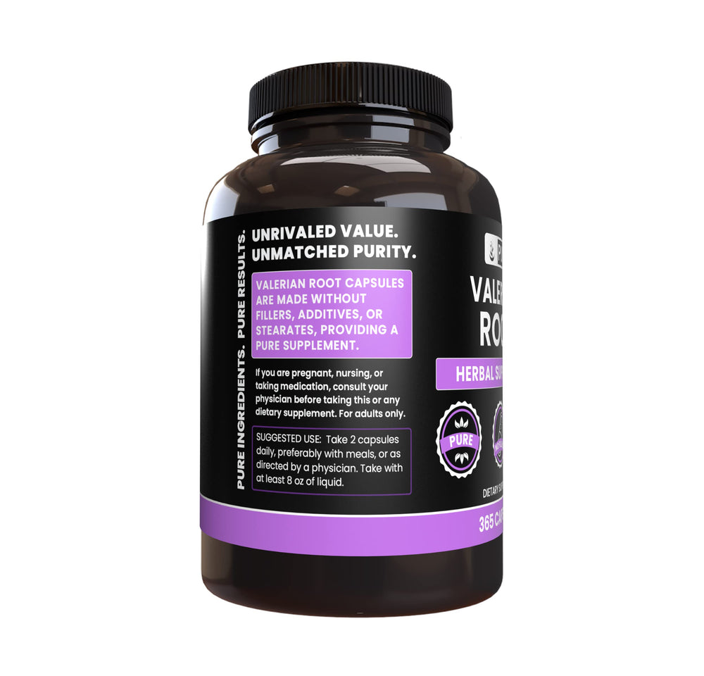Pure Original Ingredients Valerian Root capsules packaging from Utah-USA emphasizing purity.