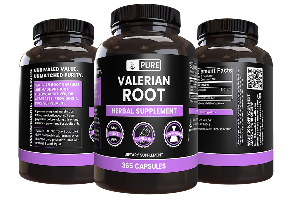 Pure Original Ingredients Valerian Root capsules pour showing easy dosing for restful nights.