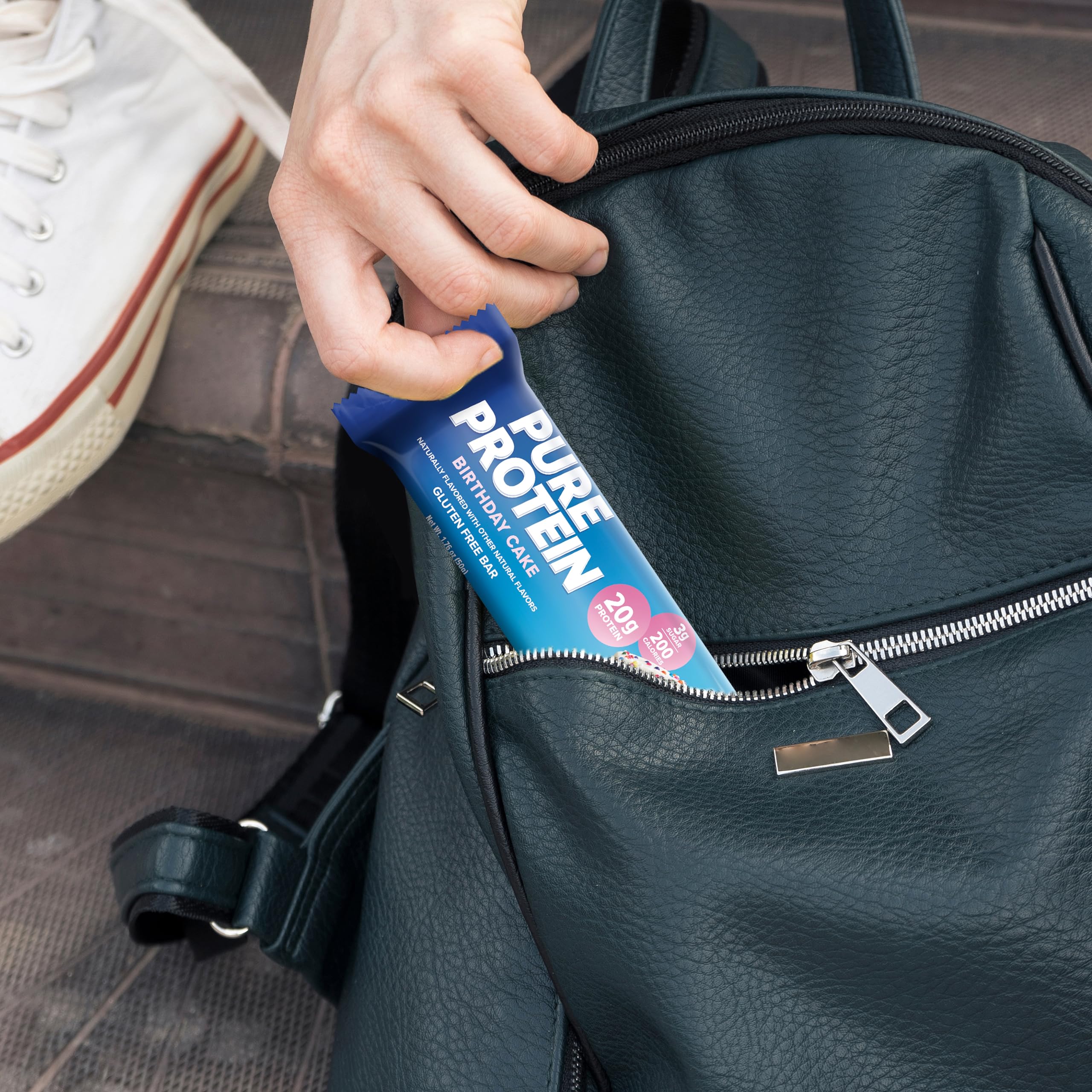 Birthday cake flavor Pure Protein Bar, ideal anytime snack.