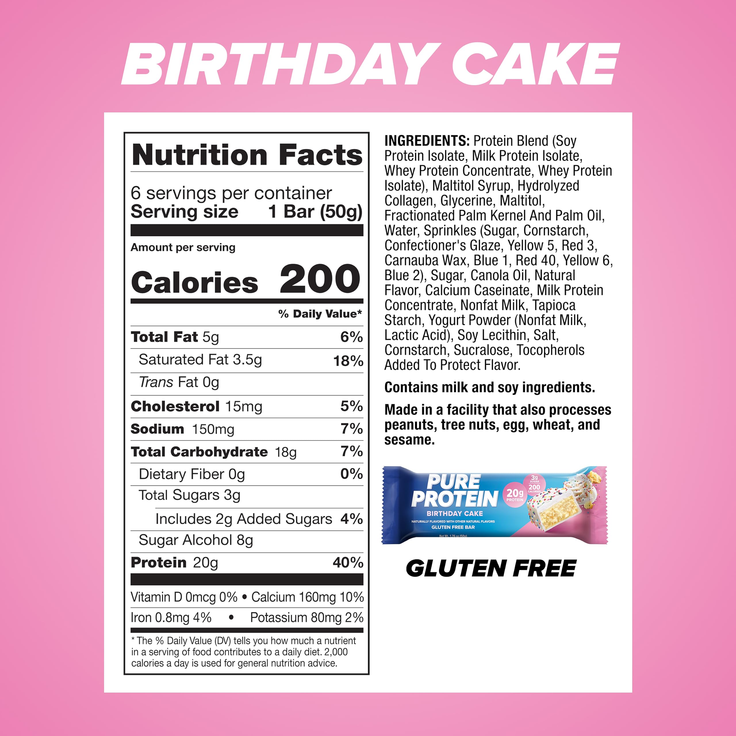 Nutrition panel shows 20 g protein per bar for Pure Protein Birthday Cake Bar.