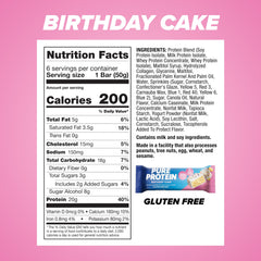 Nutrition panel shows 20 g protein per bar for Pure Protein Birthday Cake Bar.