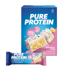 Pure Protein Birthday Cake Bar 6-pack on shelf, high-protein snack for active days.