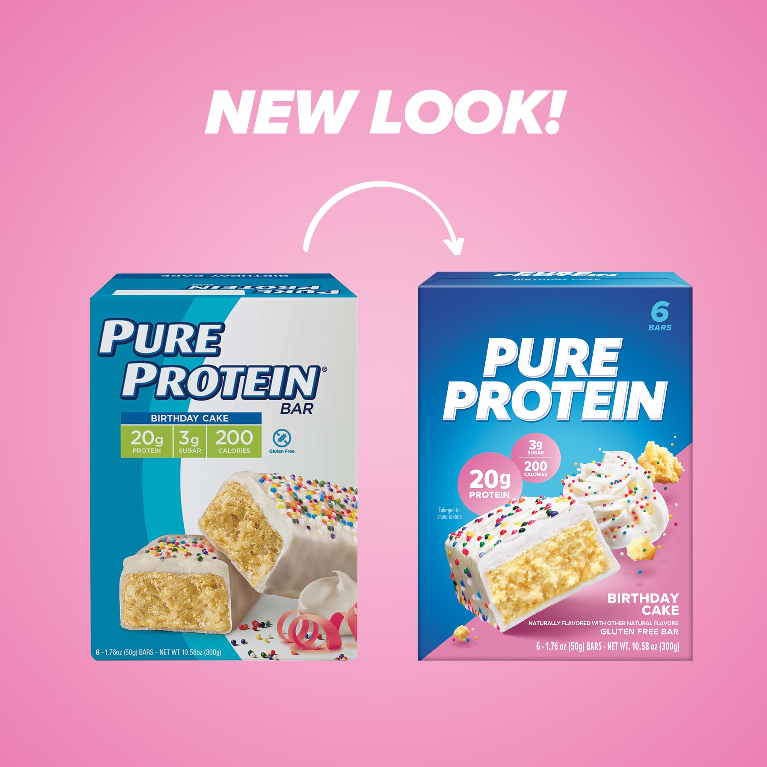 Wrapper close-up of Pure Protein Birthday Cake Bar, gluten-free and tasty.