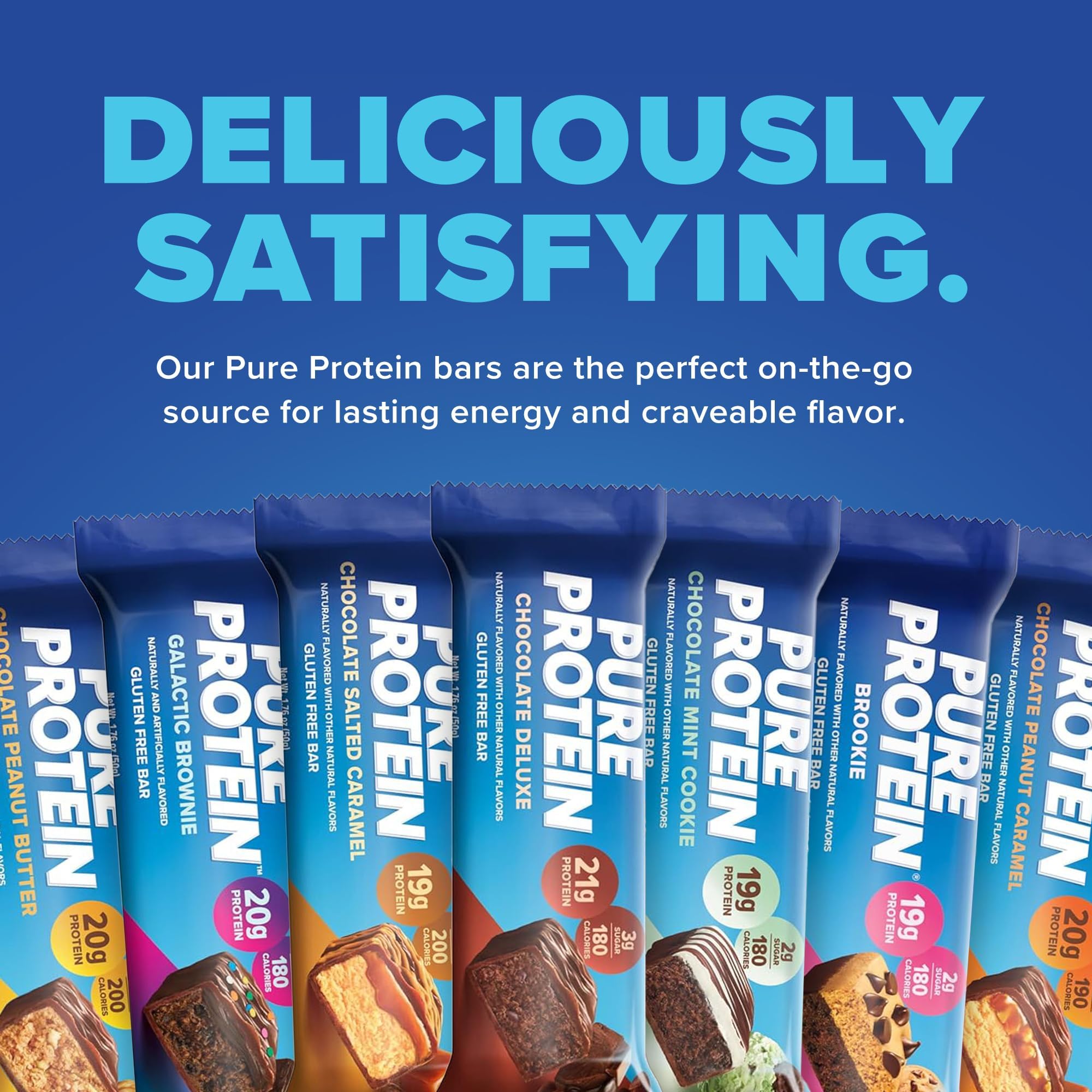 Pure Protein Galactic Brownie bar close-up highlights rich fudgy flavor and 20g protein.