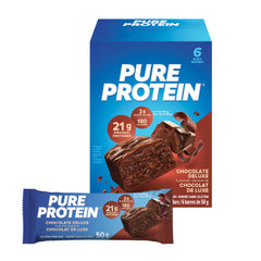 Pure Protein gluten free chocolate bar close-up, rich flavor for a protein-rich snack