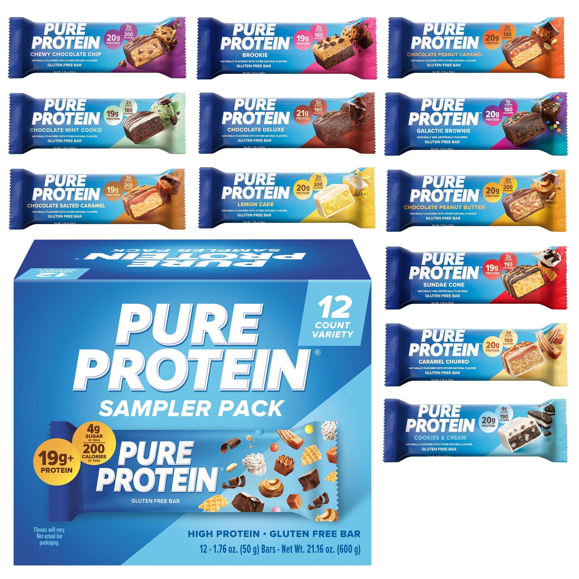 Pure Protein Variety Pack box shown for on-the-go snacking and energy.