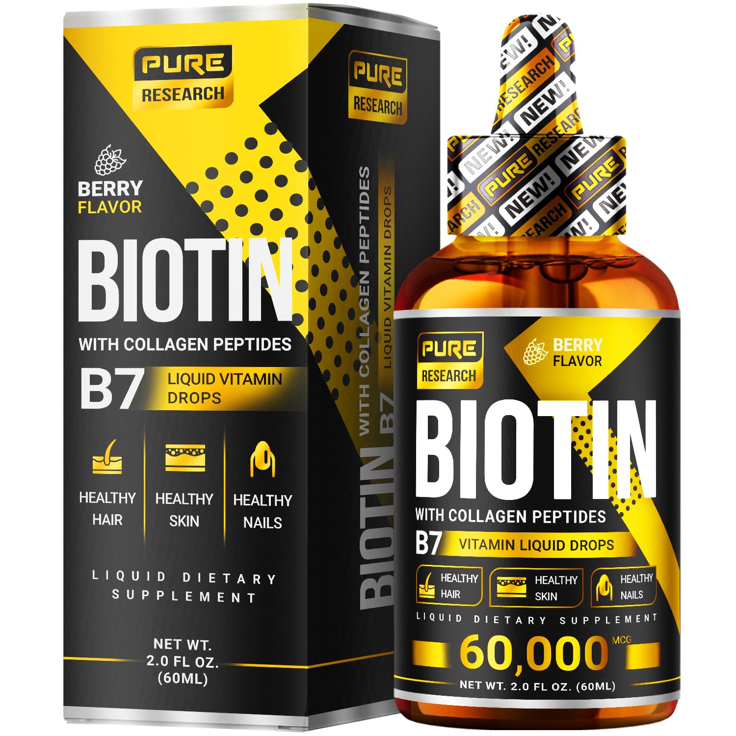 Pure Research liquid biotin-collagen drops bottle with berry flavor for hair and skin support