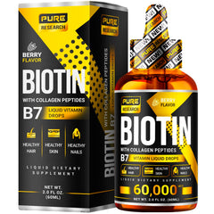 Pure Research liquid biotin-collagen drops bottle with berry flavor for hair and skin support