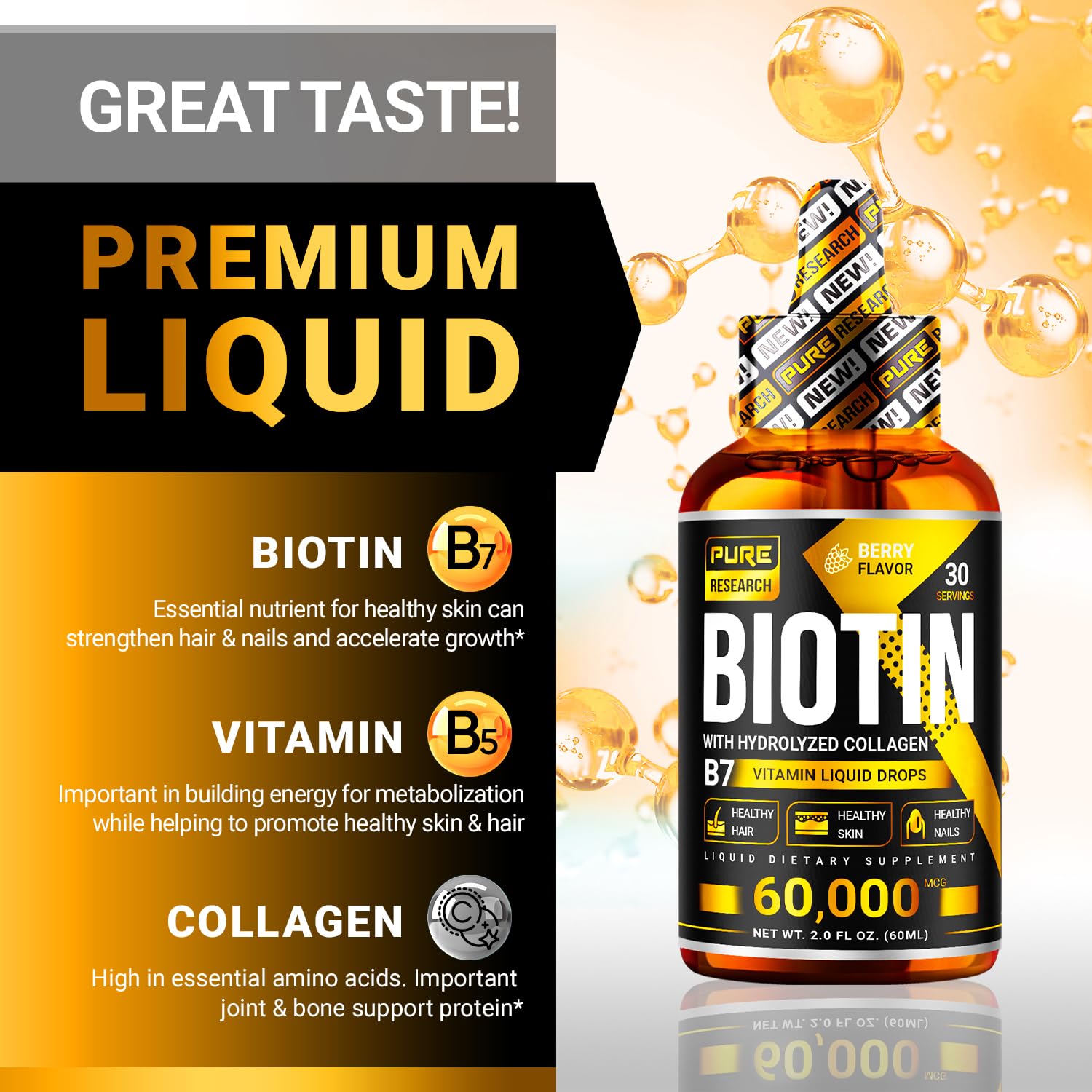 Close-up of Pure Research label highlighting gluten-free and sugar-free formula
