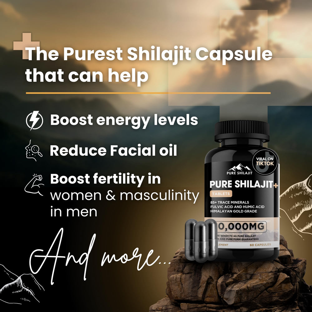 Pure Shilajit capsules packaging highlighting capsule form and convenient daily use.