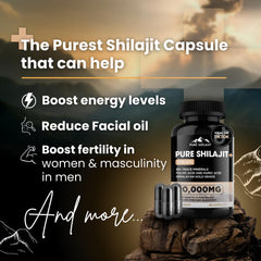 Pure Shilajit capsules packaging highlighting capsule form and convenient daily use.