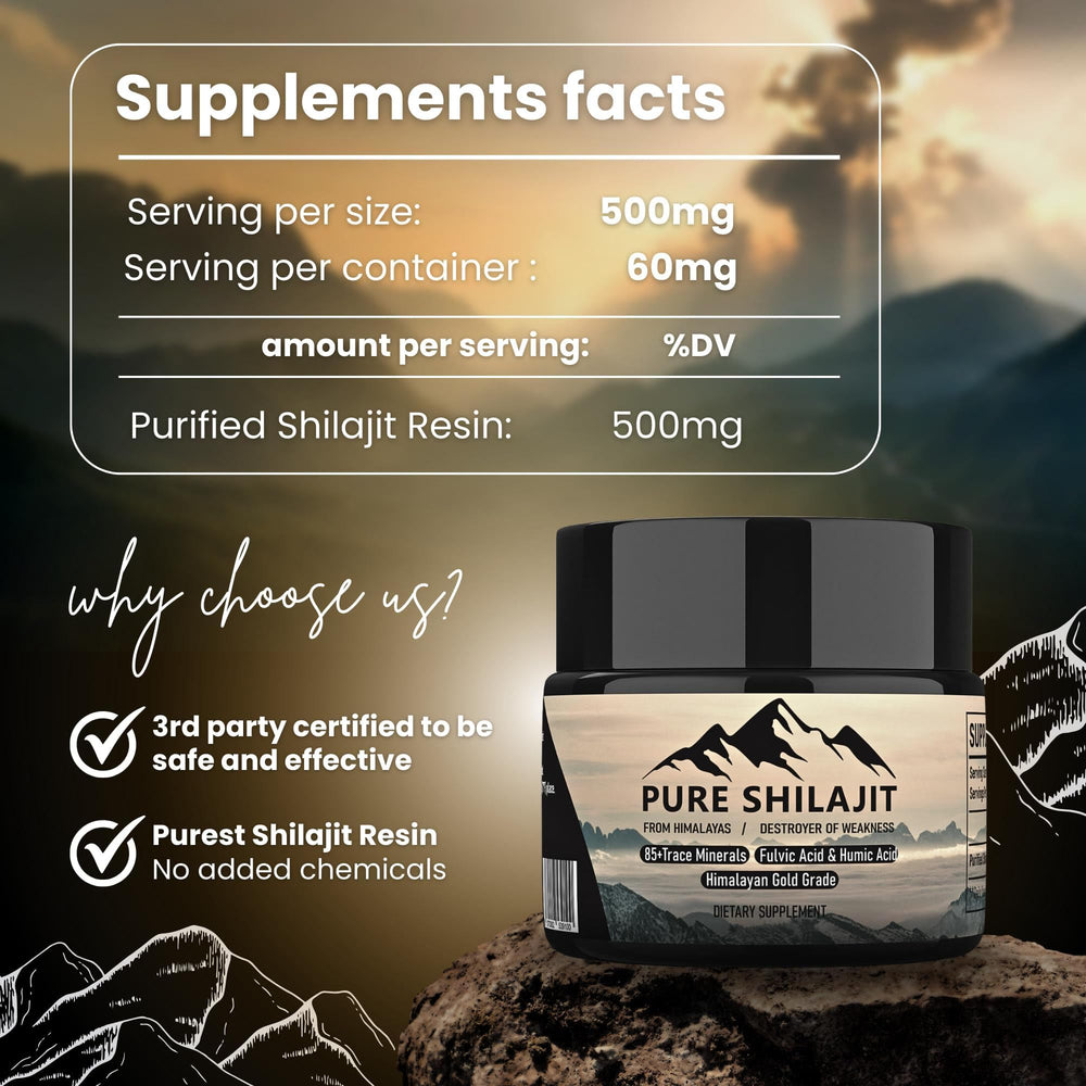 Mineral-rich Pure Shilajit resin from the Himalayas highlighting 85+ minerals for vitality.