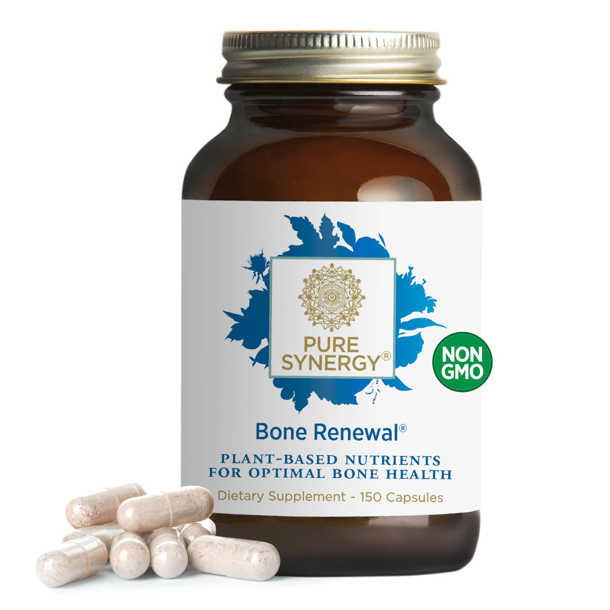 Pure Synergy Bone Renewal bottle front with vegan calcium for bone support