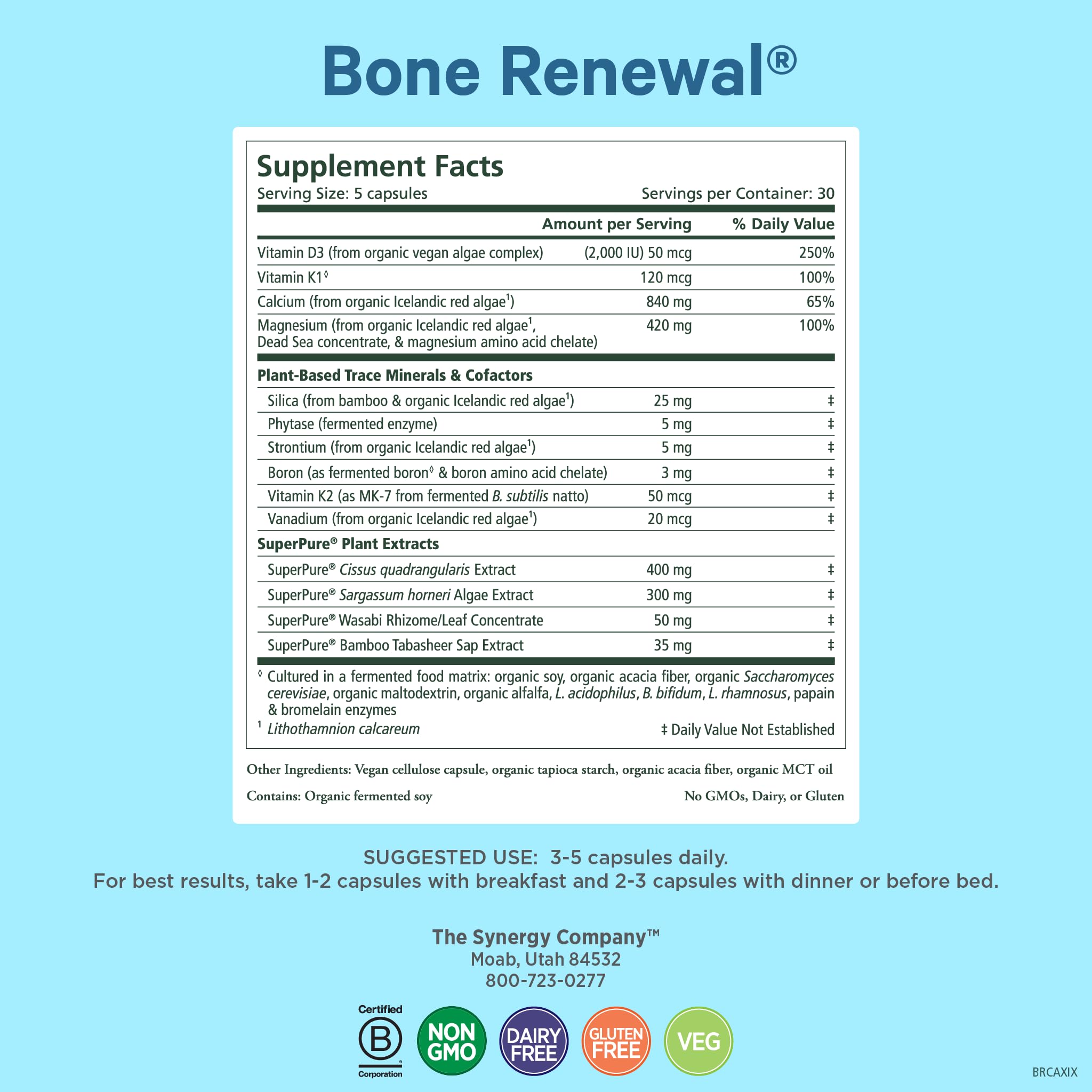 Pure Synergy Bone Renewal bottle label highlights D3, K2, and cofactors