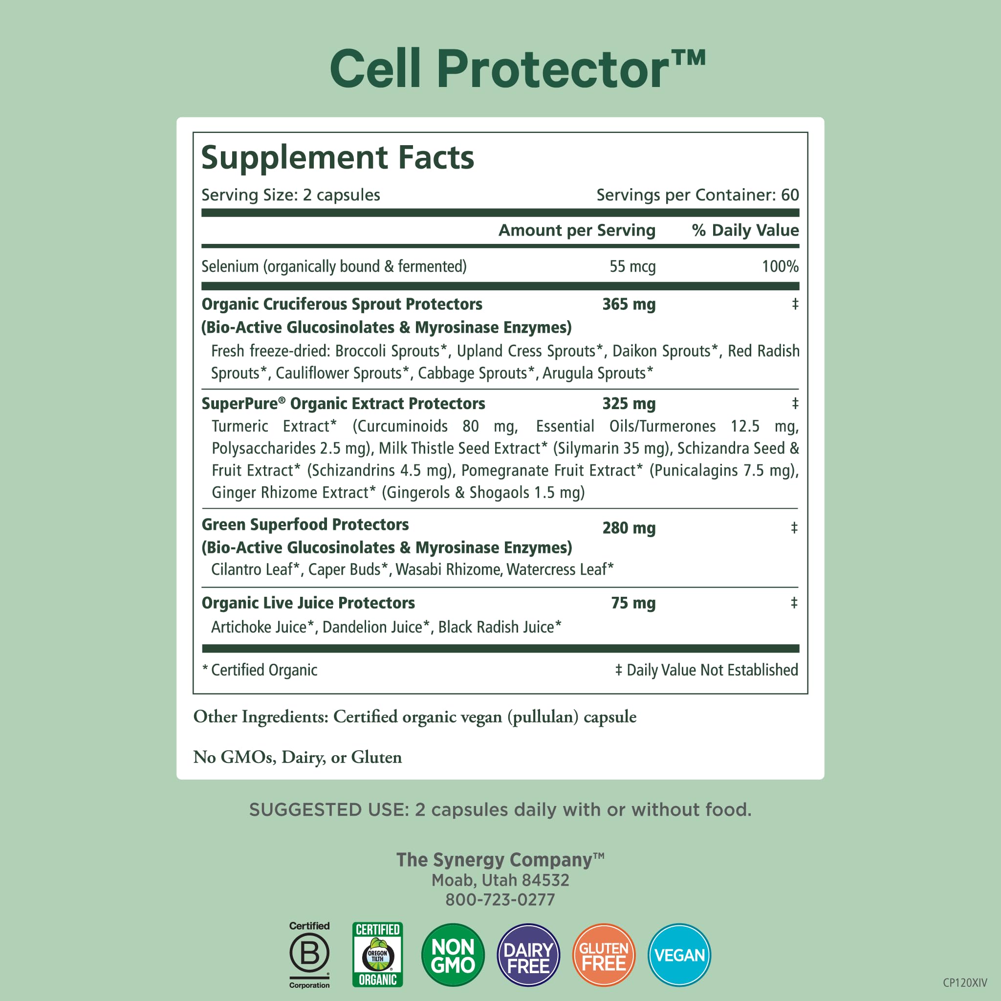 PURE SYNERGY Cell Protector capsules closeup highlighting vegan, Non-GMO ingredients