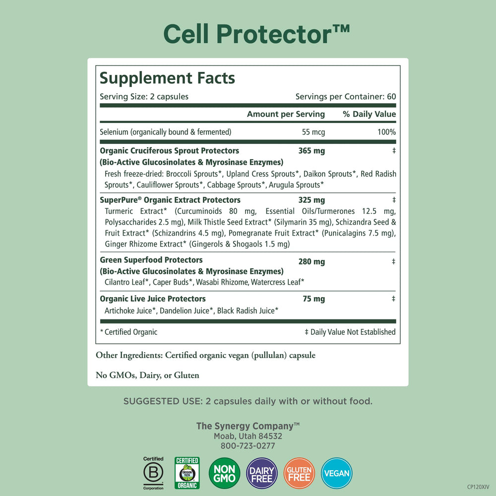 PURE SYNERGY Cell Protector capsules closeup highlighting vegan, Non-GMO ingredients