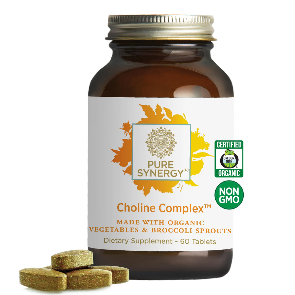 Pure Synergy Choline bottle pour demonstrates convenient daily use supporting vegan health.