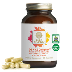 PURE SYNERGY D3 + K2 Complex bottle front showcases vegan D3 source for bone support.