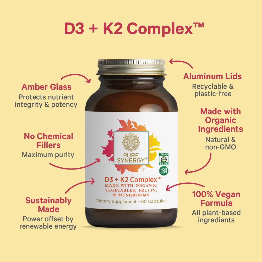 PURE SYNERGY D3 + K2 Complex capsules closeup shows vegan capsules for daily wellness.
