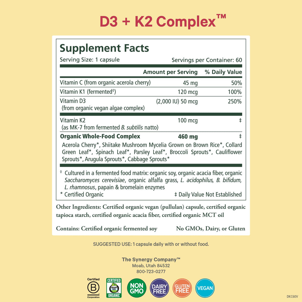 PURE SYNERGY D3 + K2 Complex label detail highlights organic ingredients and immune support.